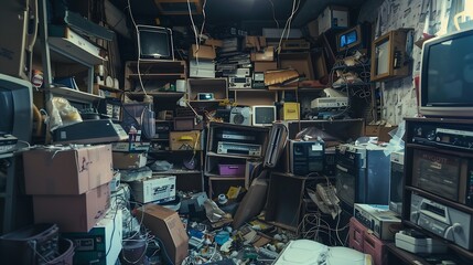 Hoarder room packed with boxes electronics business equipment household objects and miscellaneous junk : Generative AI