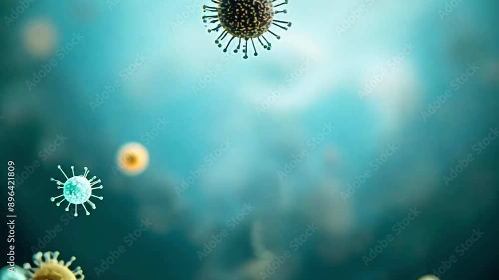 Poster a microscopic image shows multiple viruses in a blue background.