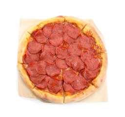 Tasty hot pepperoni pizza isolated on white, top view