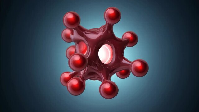 A 3D model of a heme group with a glossy red finish and a blue background. The model is highly detailed with a complex structure and multiple spherical atoms