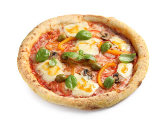 Delicious vegetarian pizza with fresh basil isolated on white
