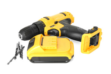 Fototapeta premium Modern cordless electric screwdriver, drill bits and battery isolated on white