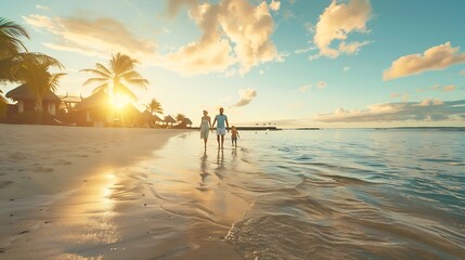 Fototapeta premium Happy family beach holiday and walking smile for vacation on tropical island Man woman and children together with sunglasses by ocean for travel with wellness mockup space at sunset in : Generative AI