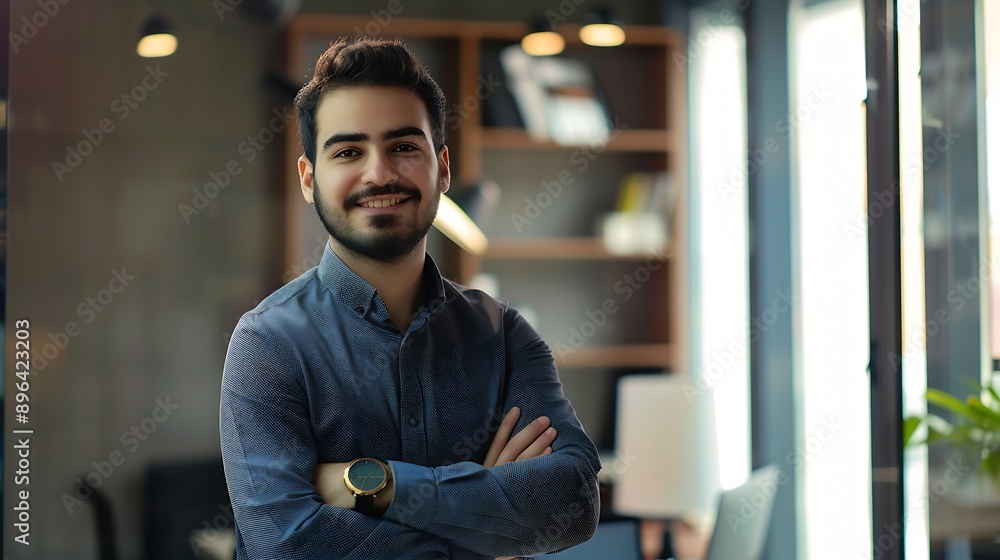 Aufkleber business man and confident for portrait in office with ideas planning and information of startup com