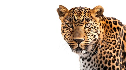 Spotted leopard standing in front and facing at the camera isolated on white : Generative AI