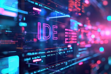 Fototapeta premium Detailed macro shot of an IDE (Integrated Development Environment) interface on a computer screen, showcasing vibrant neon accents and coding tools
