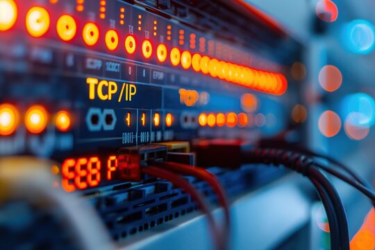 Macro shot of TCP/IP network interface with glowing LED indicators