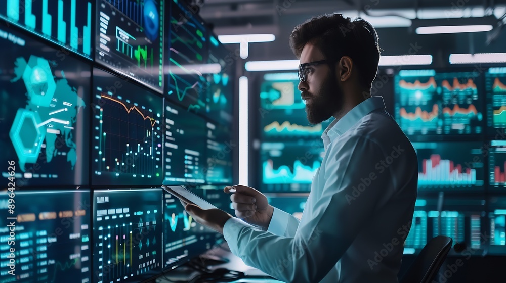 Leinwandbilder Analyst utilizing technology and dashboard with charts data science and Big Data technology for business Strategic data management system with KPI organization performance with technol : Generative AI