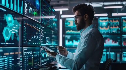 Fototapeta premium Analyst utilizing technology and dashboard with charts data science and Big Data technology for business Strategic data management system with KPI organization performance with technol : Generative AI