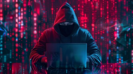Hacking and malware concept. Hacker using abstract laptop with digital interface.