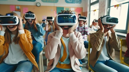 Fototapeta premium View of excited clever miscellaneous students with vr headsets watching online virtual lessons in a modern school Concept of augmented reality and education : Generative AI