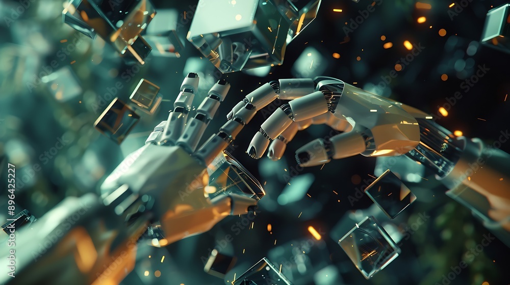 Leinwandbilder Ai technology Machine learning Chatbot Hands of robot and human Data exchange on abstract cube network connection Deep learning Innovative Business and artificial intelligence technolo : Generative AI