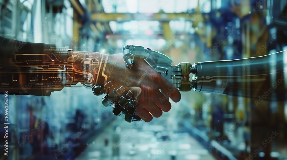 Leinwandbilder mlb mechanized industry robot arm and business handshake double exposure concept of successful agree