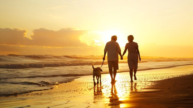 Senior couple beach and walking with dog in sunset for romance love or bonding together in nature Man woman or lovers holding hands in outdoor sunshine on water or ocean coast with pet : Generative AI