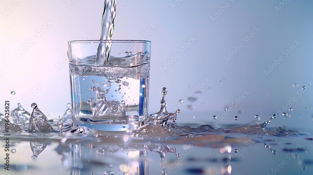 Poster pouring drinking water in a transparent glass isolated on abstract background with glass table water resource concept with copy space : Generative AI