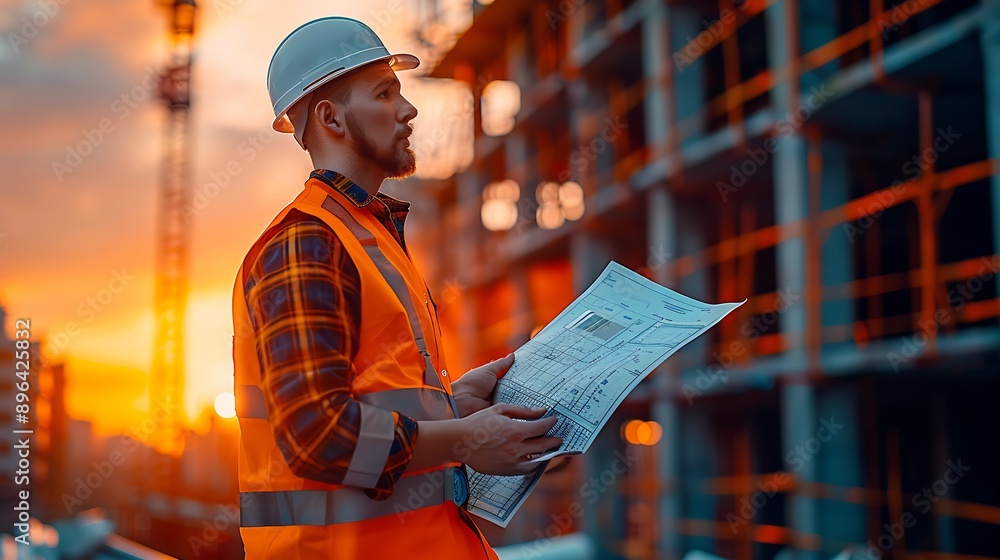 Poster civil architect engineer inspecting and working outdoors structure building site with blueprints. : 