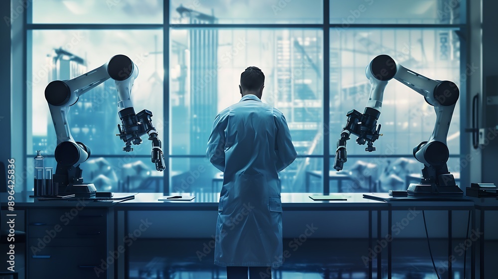 Poster Thoughtful scientist standing near robotic arms in front of window at laboratory : Generative AI