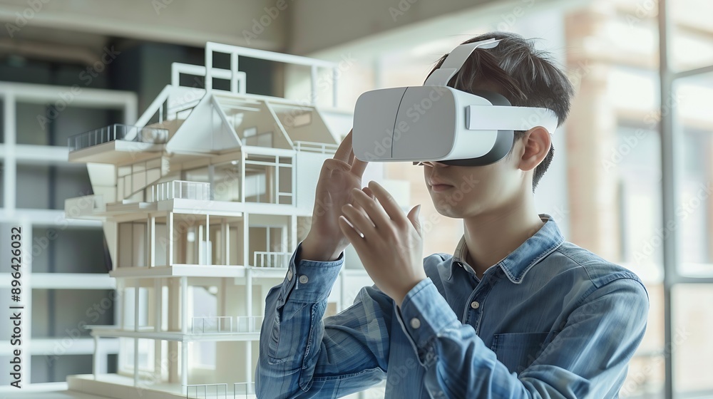 Poster asian man architect or engineer wearing vr headset for working design 3d architectural building mode