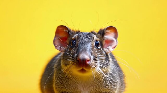 A small gray mouse with black eyes and a pink nose. It is looking at the camera. The yellow background adds a warm and inviting atmosphere to the image