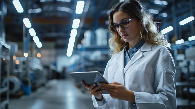 Side view portrait of pretty young woman wearing lab coat and using digital tablet in modern factory workshop copy space : Generative AI