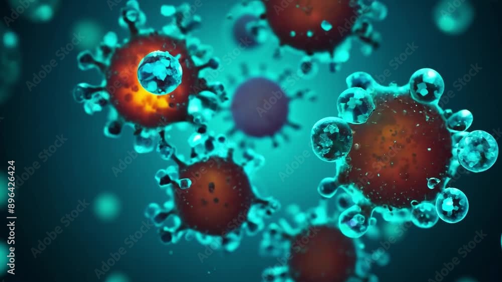 Aufkleber a close-up view of several red and blue virus-like particles floating in a dark blue liquid. the par