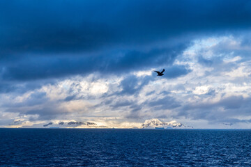 An Antarctic landscape, taken during the golden hour, just after sunrise, in the Gerlache Strait.