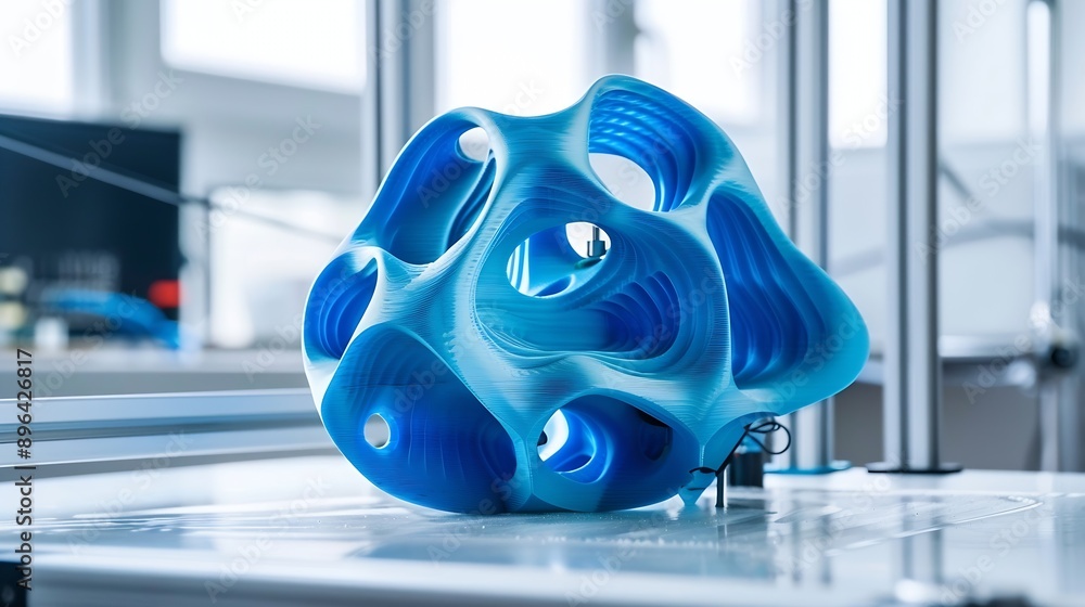 Poster big abstract object of blue color printed on a 3d printer on a white table fused deposition modeling
