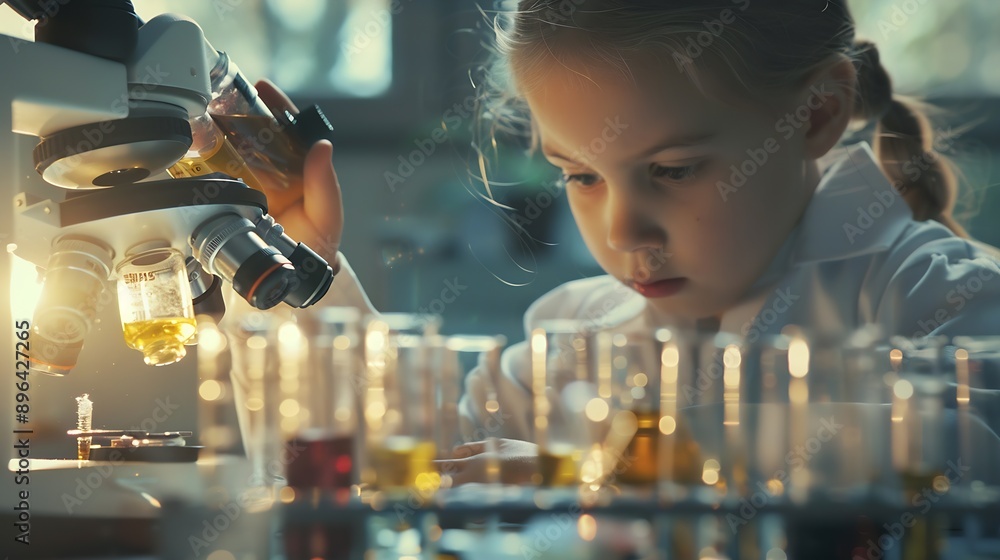 Aufkleber little scientist looking through a microscope and test tubes filled with chemicals for learning about science and experiments : Generative AI