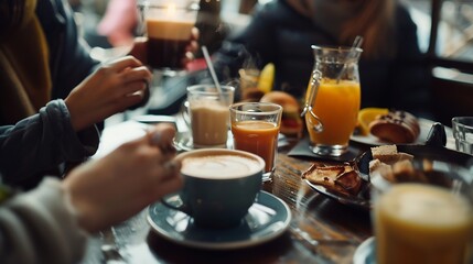Happy friends having breakfast together at cafe bar  Group of young people drinking coffee and fresh juice sitting at brunch restaurant  Food and drink concept : Generative AI
