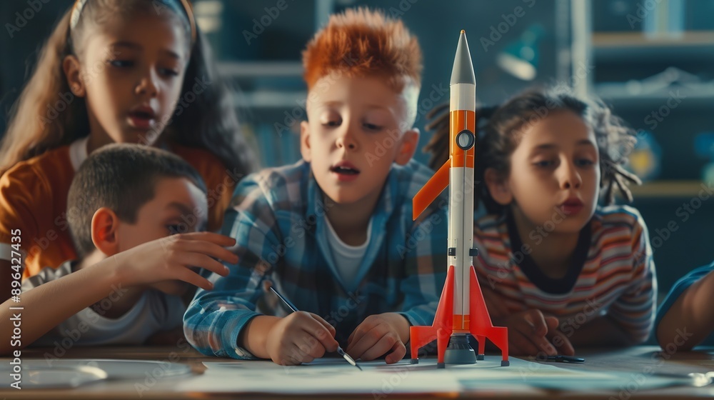 Poster Elementary School Students Sitting Behind a Table in a Group Building a Space Rocket Model for a Science and Technology Fair Young Boys and Girls Wish to Become Engineers and Space Exp : Generative AI