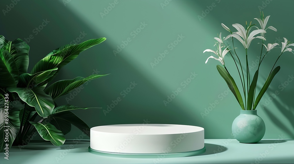 Poster Abstract minimal scene with geometrical form Cylinder podium on green background Abstract background Scene to show cosmetic podructs Showcase display case 3d render : Generative AI