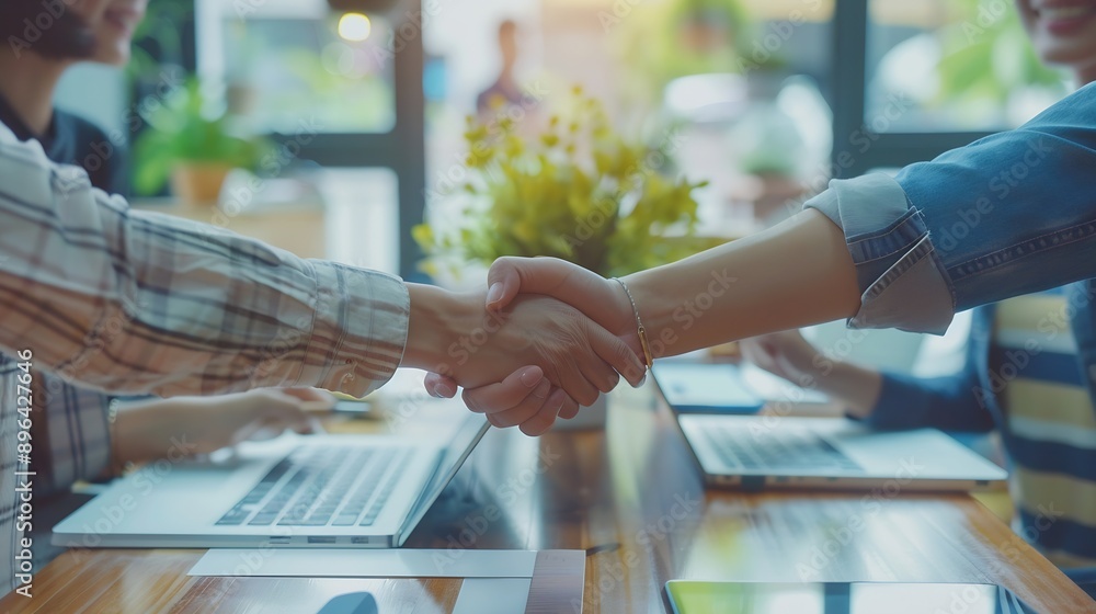Poster business people teamwork and shaking hands for meeting collaboration success or startup in office wo