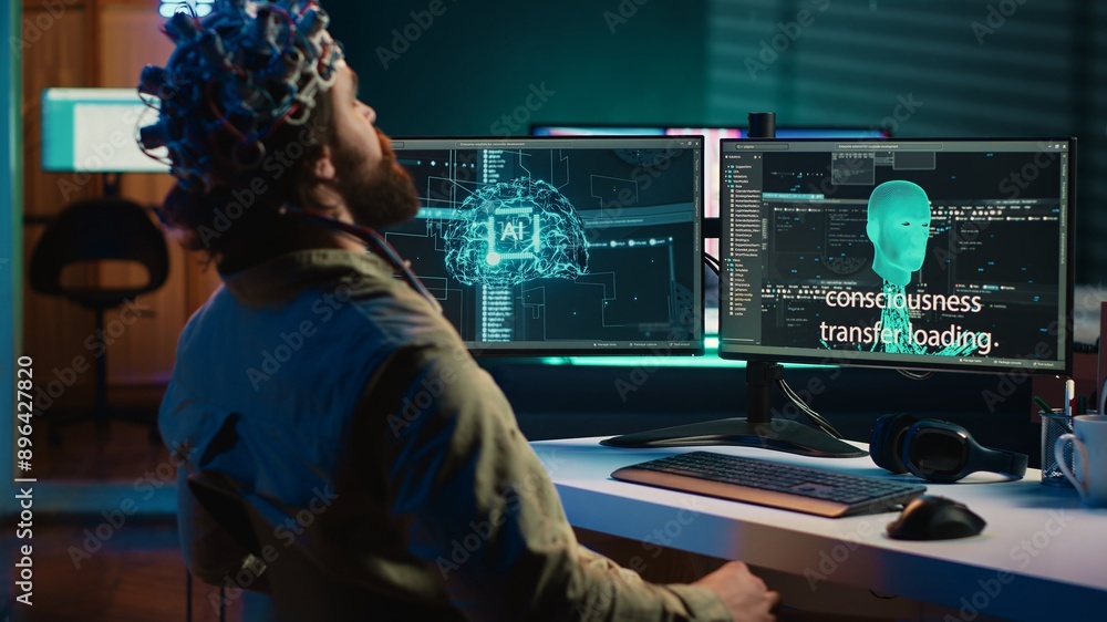 Poster programmer using eeg headset to upload his mind into computer, attaining immortality. neuroscientist