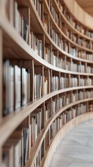 Naklejka premium Curved bookshelf filled with books in a modern library with wooden interior decor and polished marble floor
