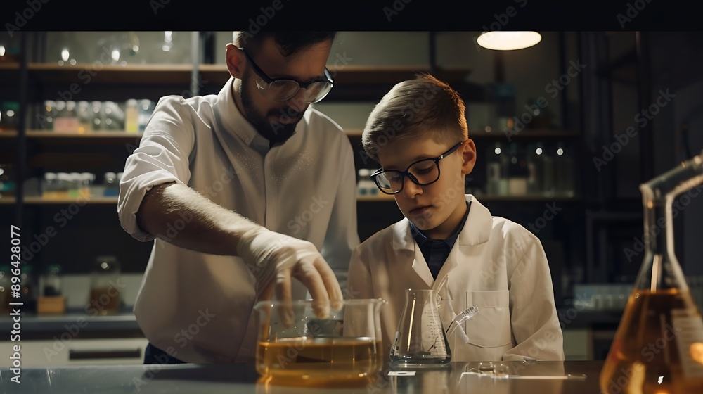 Aufkleber Teacher support schoolboy in laboratory Schoolboy and teacher stand and experiment about science of chemistry in STEM class using liquid in glass container Instructor mixing solution E : Generative AI