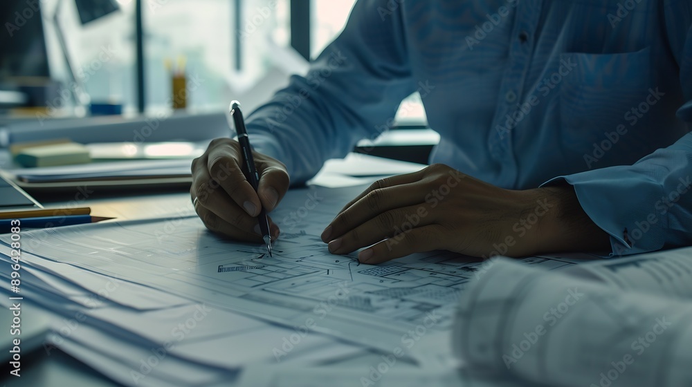 Poster engineer working in office with blueprints inspection in workplace for architectural plan construction project Business construction : Generative AI