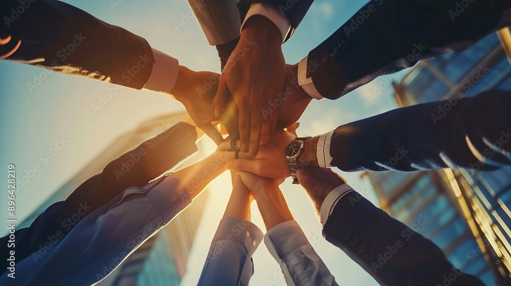Aufkleber hands stack and group of business people in office for team building motivation and solidarity attor