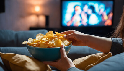 hand of woman holding bowl of potato chips, woman eating and watching tv or streaming online, evening or night at home sits on sofa couch