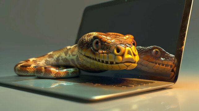 Realistic python snake emerging from laptop screen representing Python programming language symbol