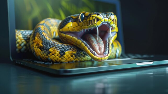 Python programming language symbolized by vibrant snake emerging from laptop screen