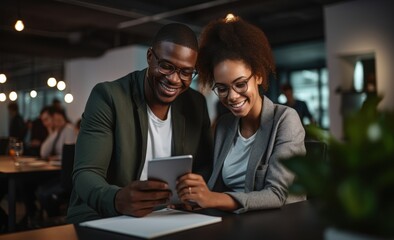 Successful two african american young businesspeople sitting on desk using digital tablet while colleague in background at office