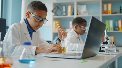 Students learning in science classroom Focused young students experiment with chemicals using flasks and test tubes with microscope and laptop on clean white desk in classroom : Generative AI
