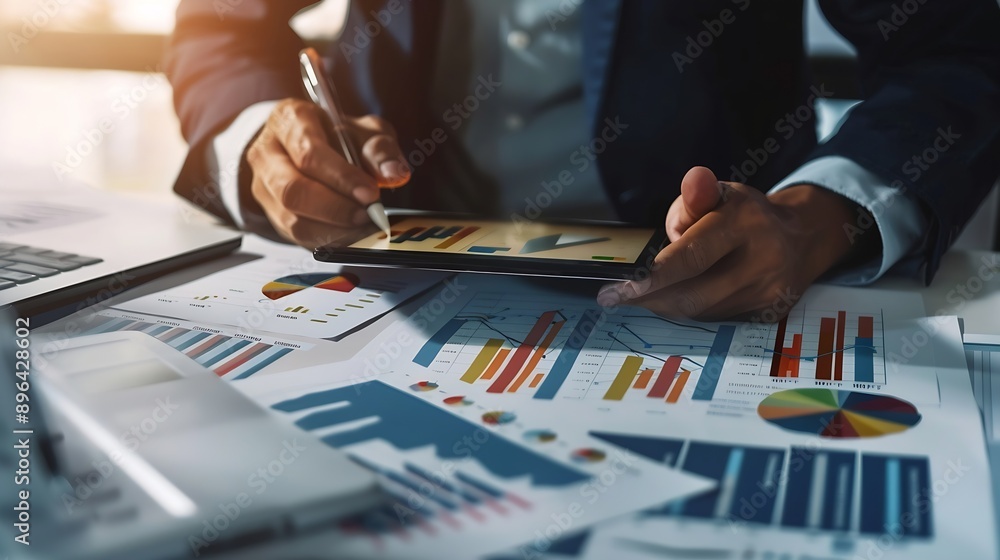 Poster business finance and investment concept businessman using digital tablet analyzing and calculating f