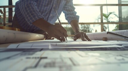 Architect Engineer Design Working on Blueprint Planning Concept Construction Concept : Generative AI