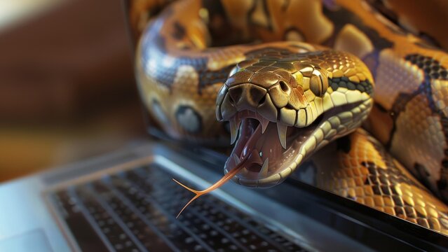 Python programming language concept with snake emerging from laptop screen