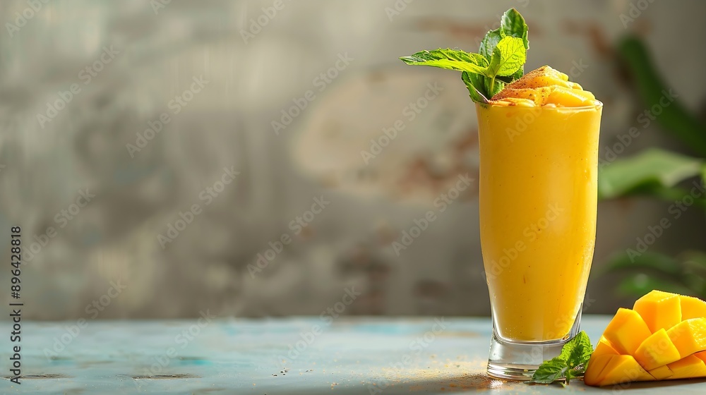 Aufkleber lassi mango traditional indian drink gray background refreshing milkshake side view selective focus 