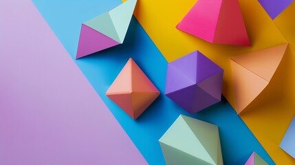 Colorful abstract geometric background with threedimensional solid figures Pyramid Dodecahedron prism rectangular cube arranged on colored paper : Generative AI