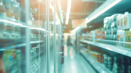 Perspective view Abstract concept blurred background Customer shopping consumer good on shelves between corridor with clear light in convenience supermarket and minimart : Generative AI