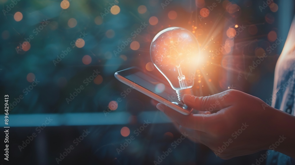Fototapete Hand holding tablet with bulb for Artificial Intelligence or AI brain analysis informationTechnology and science conceptmachine learning systemHitech and futuristic world : Generative AI