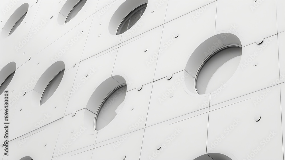 Poster Modern minimalist architecture A building with white walls and small round windows Geometric pattern on white background : Generative AI